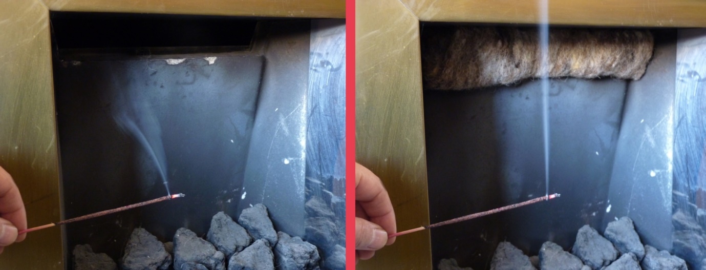 On the left you can see the open vent at the top, drawing in the joss stick smoke. Once it’s blocked with a piece of wool insulation, the draught is gone so the smoke is rising straight up on the right.
