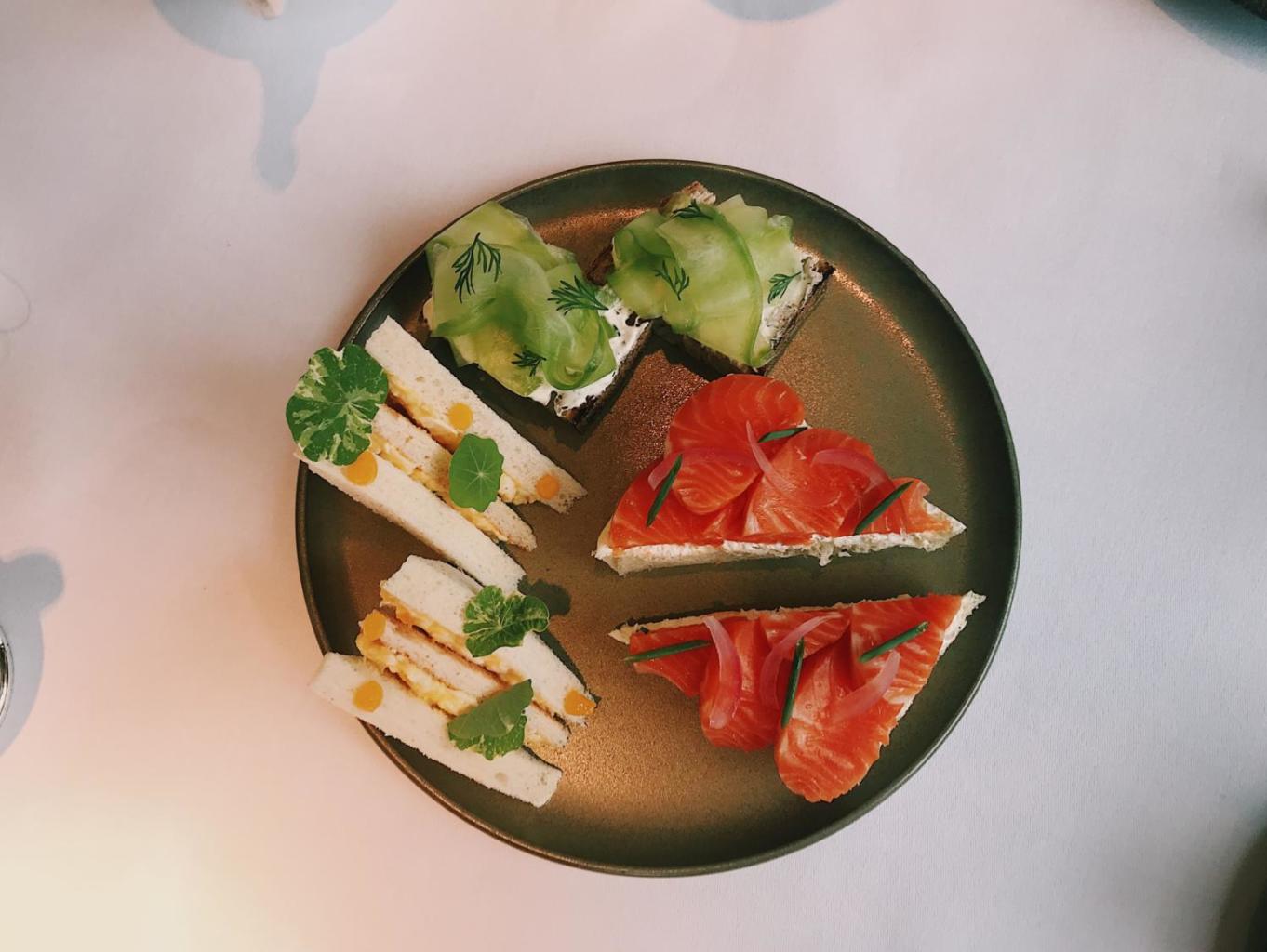 Smoked sea trout on brioche, pickled cucumber on sesame sourdough and Victorian egg mayonnaise toast sandwich at Afternoon Tea by Hudsons