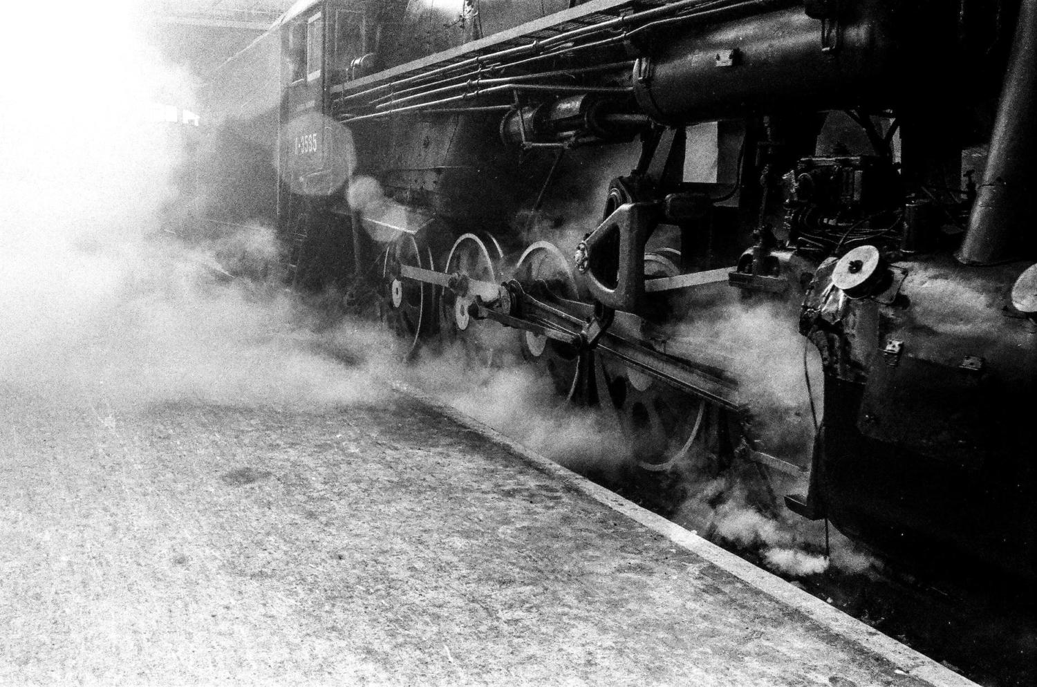 grayscale photography of train tank